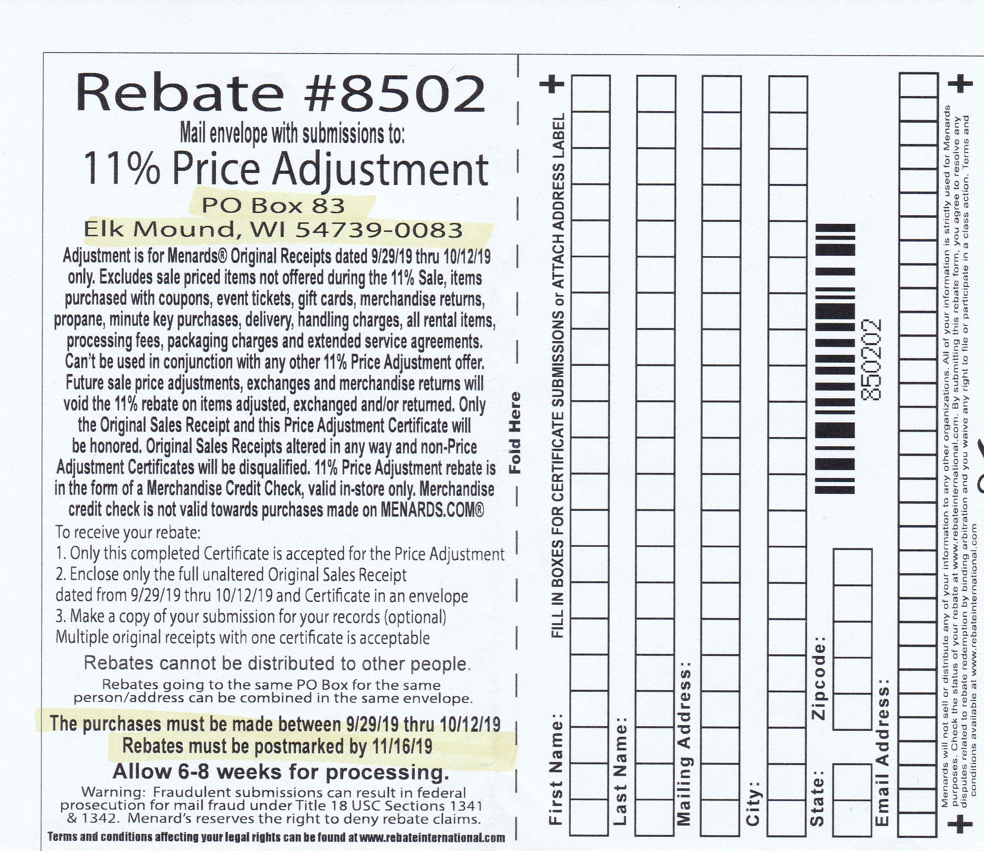 Menards 11 Rebate Price Adjustment Form