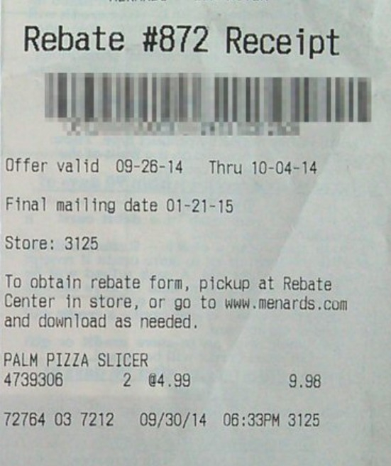 Lost Menards Rebate Receipt