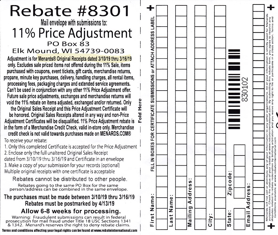 Menards Rebate 8301