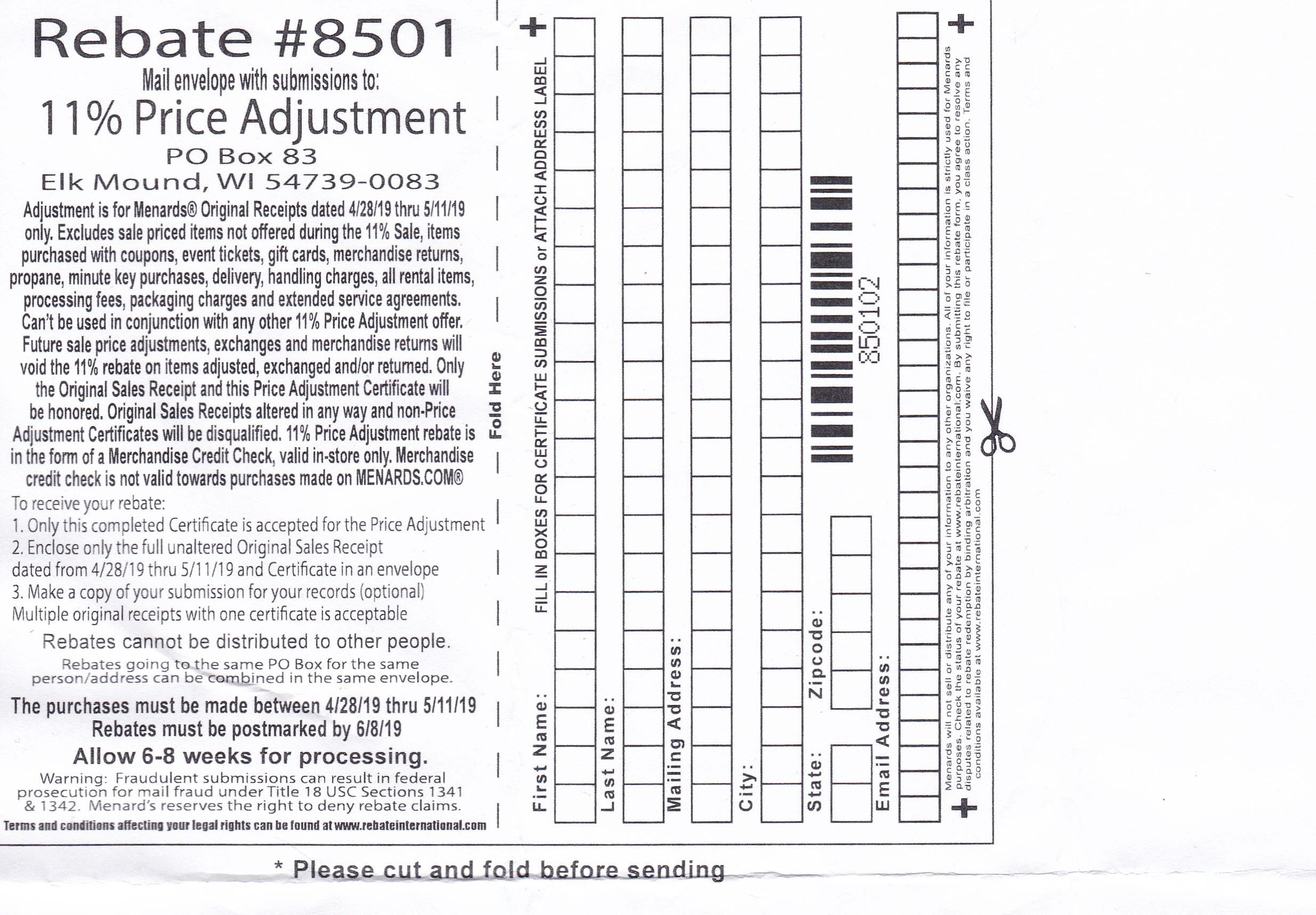 Menards 11 Price Adjustment Rebate 8501 Purchases 4 28 19 5 11 19 Menards 8501 Rebate