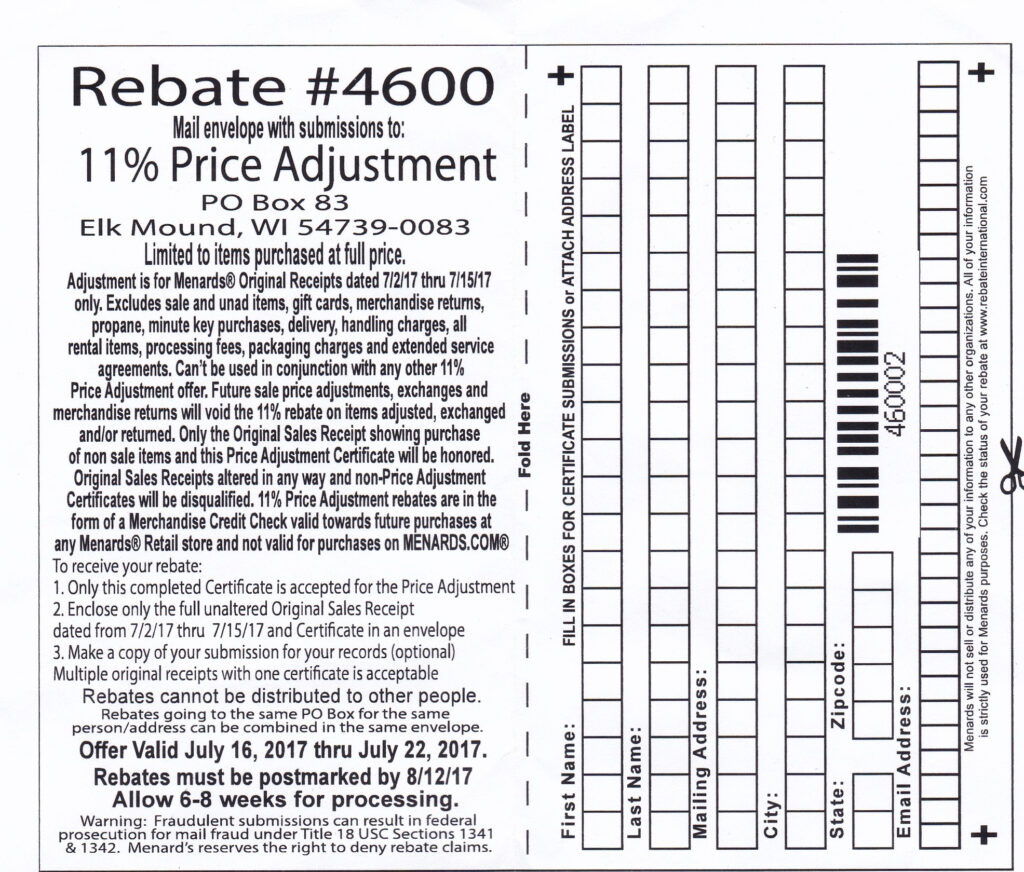 Menards Rebate 11 Price Adjustment