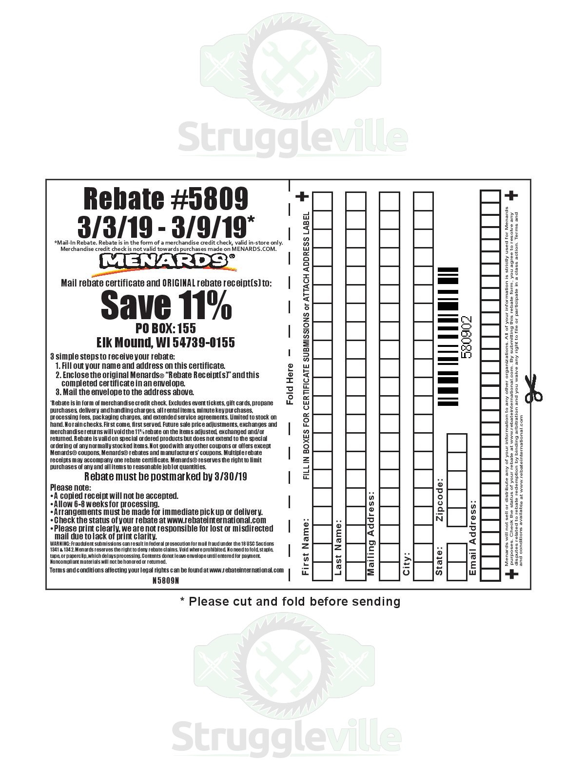 Menards 11 Rebate 5809 Purchases 3 3 19 3 9 19 Struggleville Print Menards Rebate 5809