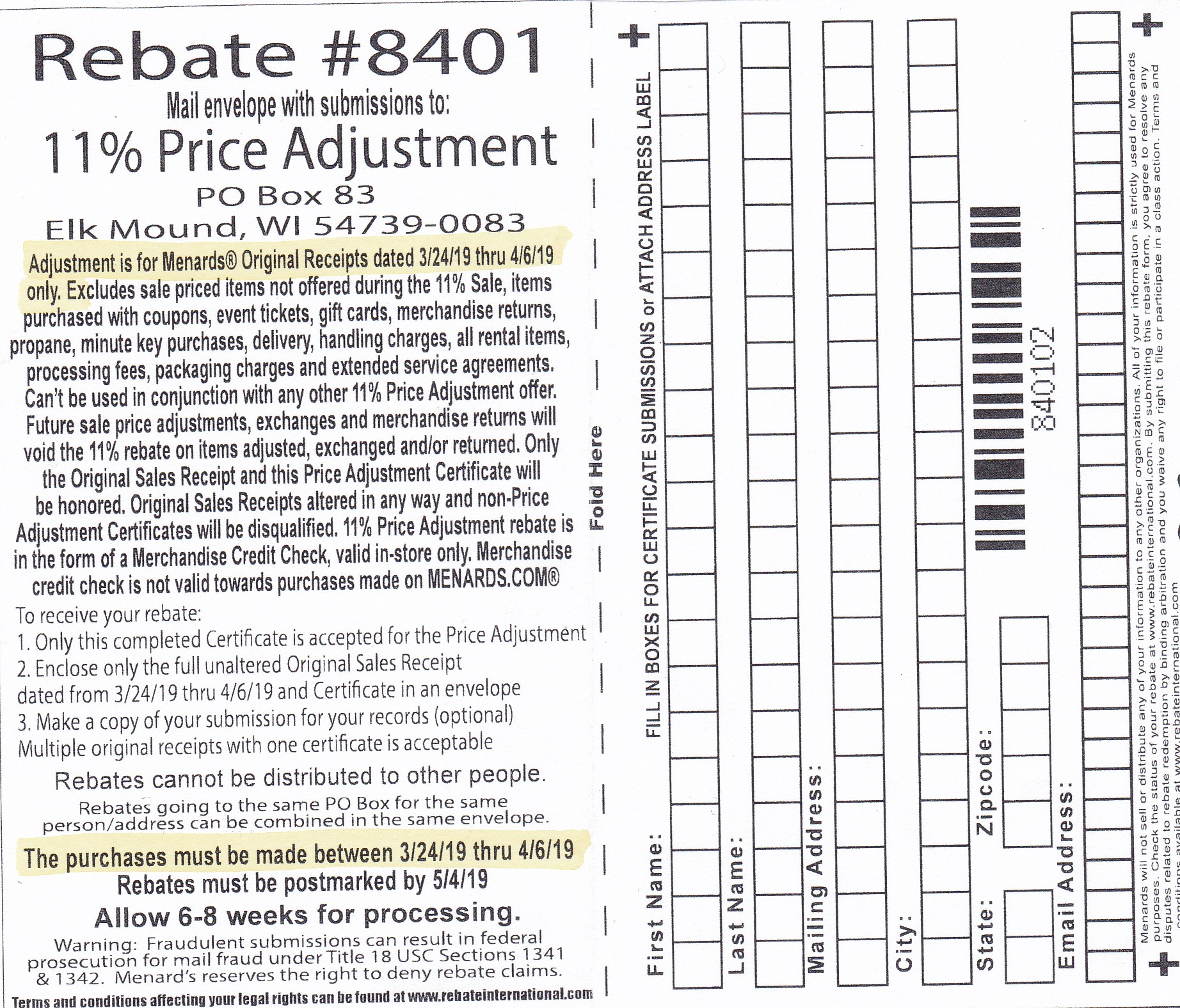 Menards Price Adjustment Rebate 8401 Menards Rebate 8401