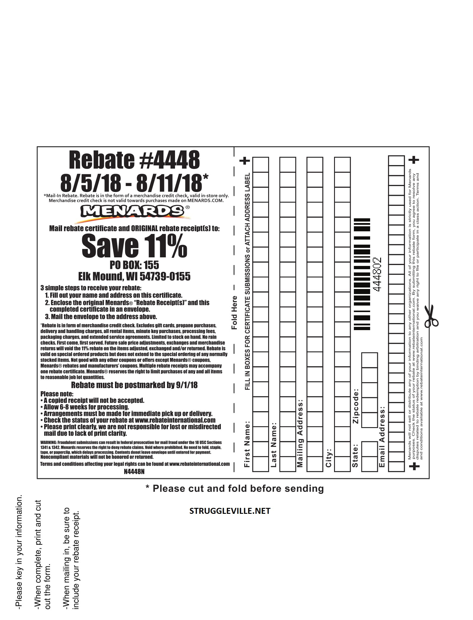 Struggleville Menards 11 Rebate 4448 Purchases 8 5 18 8 11 18 How To Check Menards Rebate Status