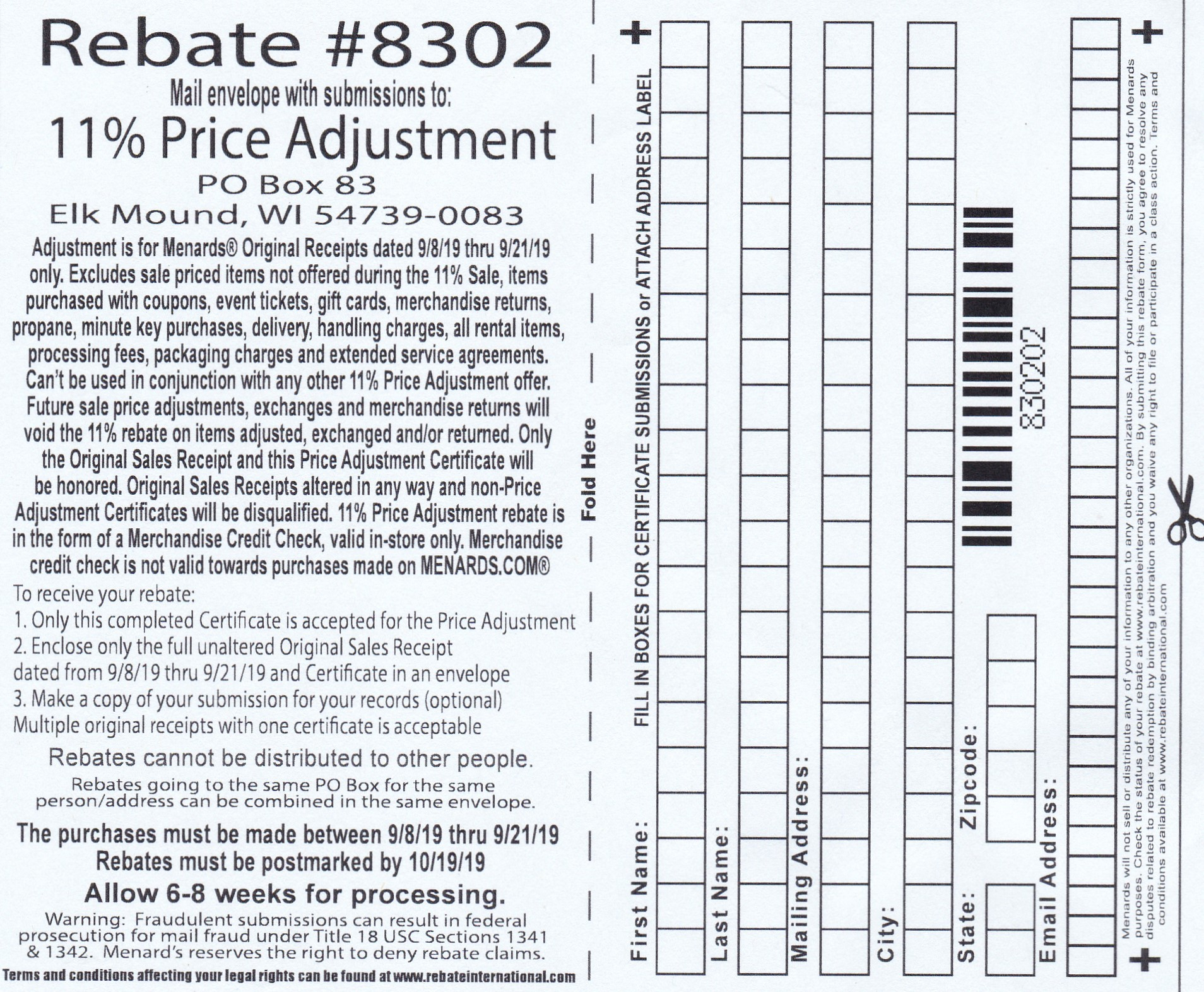 Menards 11 Price Adjustment Rebate 8302 Purchases 9 8 19 9 21 19 Menards Rebate 8302