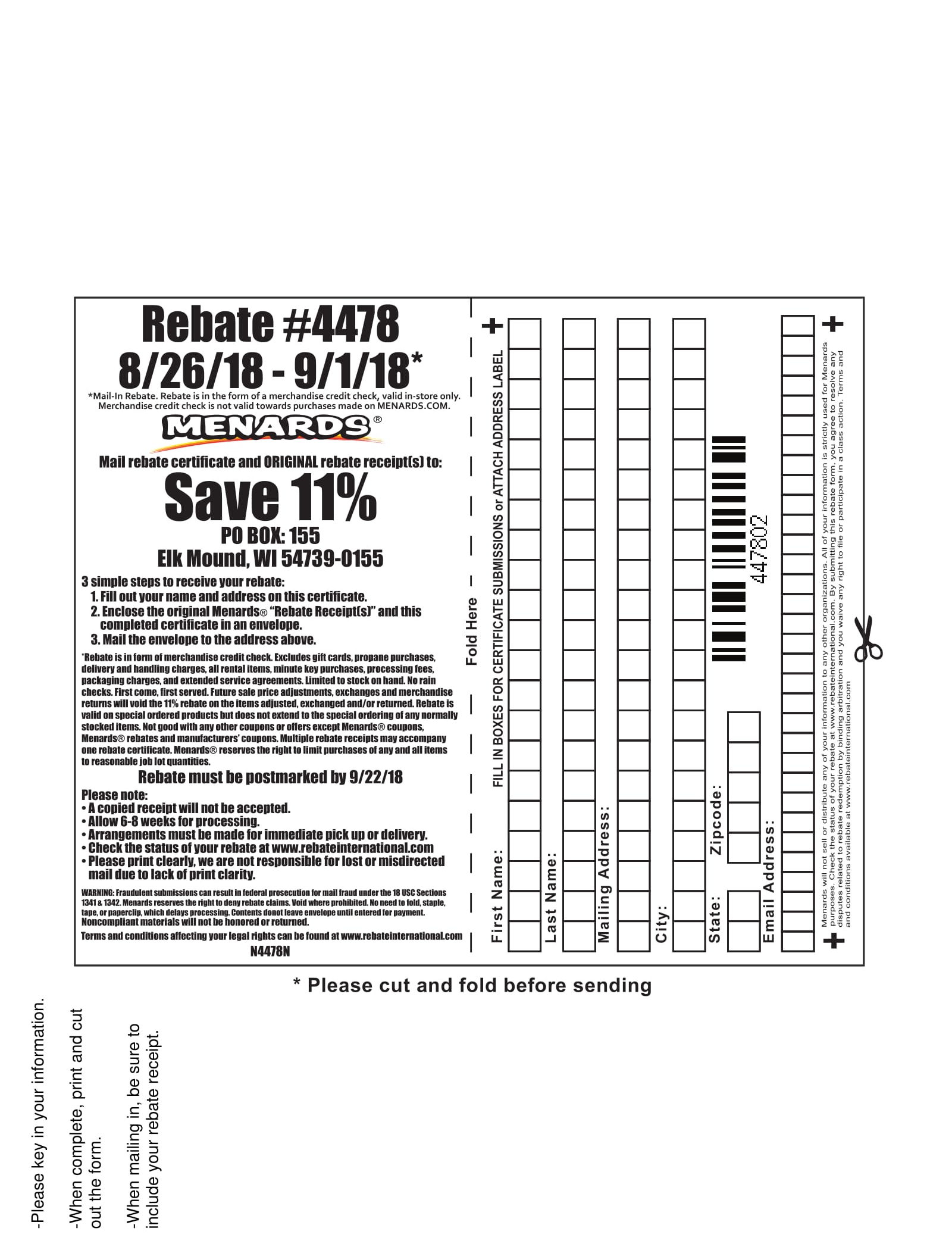 Menards 11 Rebate 4478 Purchases 8 26 18 9 1 18 Struggleville Rebate 4478 At Menards Store Need