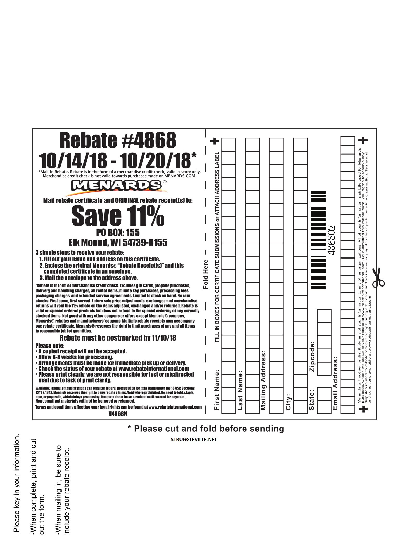 Menards 11 Rebate 4868 Purchases 10 14 18 10 20 18 Struggleville Menards Rebate Slip 4468