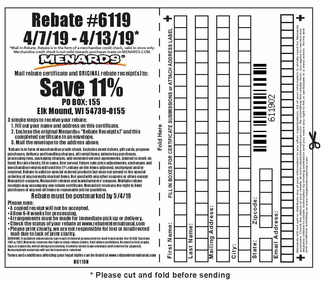 Menards 11 Rebate 6119 Purchases 4 7 19 4 13 19 Menards 6119 Rebate