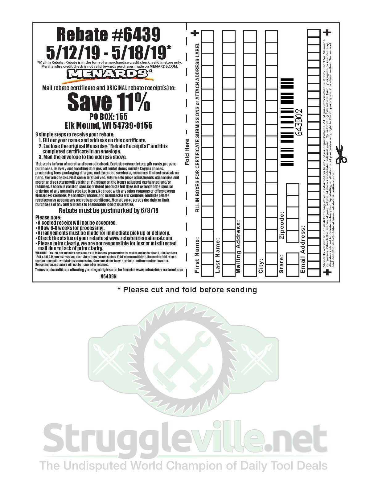 Menards 11 Rebate 6439 Purchases 5 12 19 5 18 19 Struggleville Menards Rebate 6439 Print