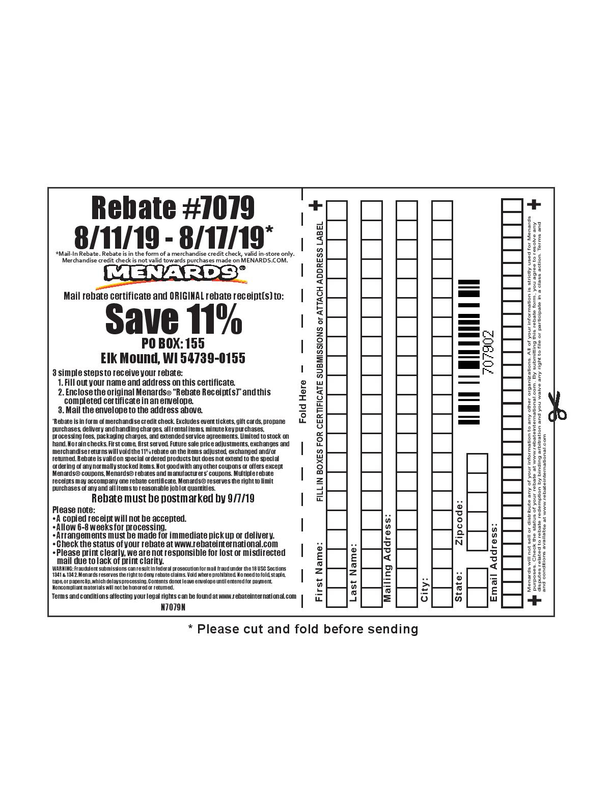 Menards 11 Rebate 7079 Purchases 8 11 19 8 17 19 7079 Menards Rebate