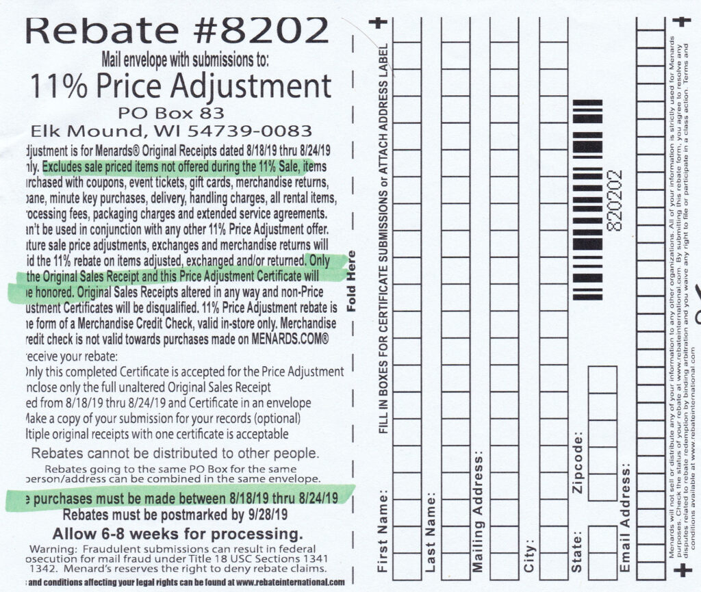 Menards Price Match 11 Rebate