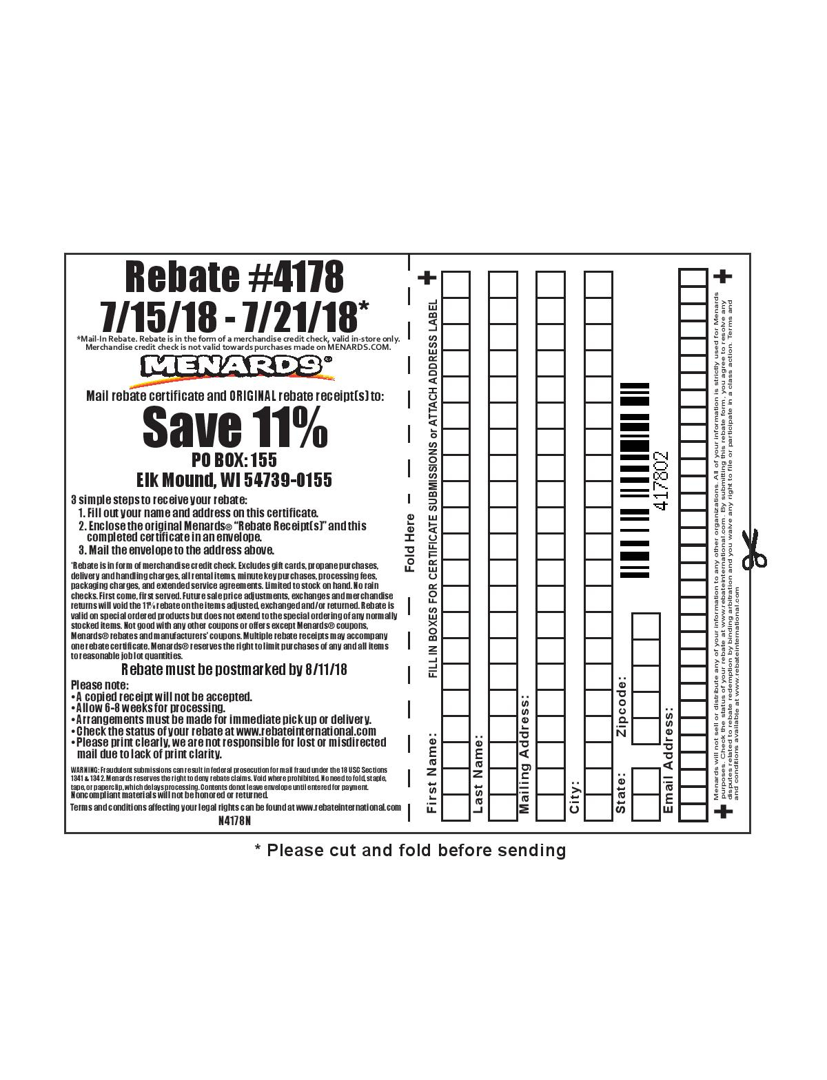 Struggleville Menards 11 Rebate 4178 Purchases 7 15 18 7 21 18 Menards Rebate Number 4178